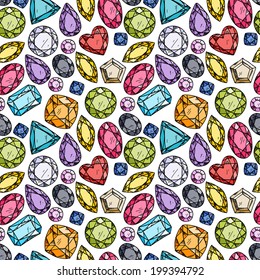 Seamless pattern of colorful jewels. Hand drawn gemstones. Sketch style illustration.