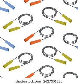 Seamless pattern with colorful jump ropes on white background. Green, blue and orange skipping ropes. Fitness and sport equipment. Tool for exercises, cardio training. Vector flat illustration