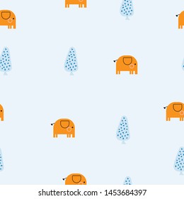 Seamless pattern of colorful kawaii elephant in the forest on blue background for paper work, fabric business, wallpaper or background. Vector design.

