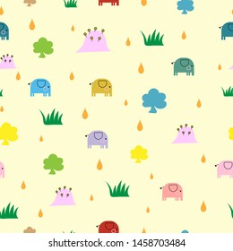 Seamless pattern of colorful kawaii elephant in the forest on yellow background for paper work, fabric business, wallpaper or background. Vector design.

