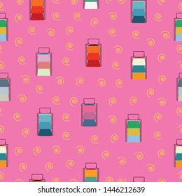 Seamless pattern of colorful kawaii food carrier, Thai style on pink background for paper work, fabric business, wallpaper or background. Vector design.