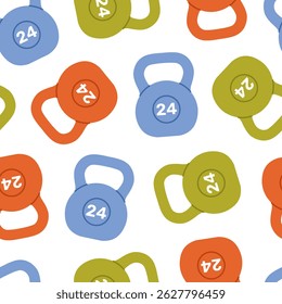 Seamless pattern with colorful kettlebells on white background. Green, blue and orange weight for fitness and sport. Athletic equipment for strength exercises. Vector flat illustration