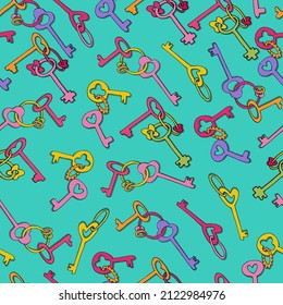 Seamless pattern with colorful keys and key chains for wrapping paper design, craft, surface design and other design projects.