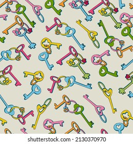 Seamless pattern with colorful keys and key chains for wrapping paper design, craft, surface design and other design projects.