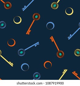 Seamless pattern of colorful keys on a black background