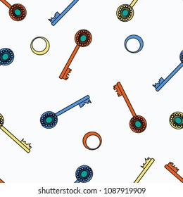 Seamless pattern of colorful keys on a white background