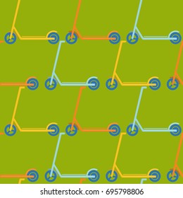 Seamless pattern with colorful kick scooters in flat style on green background