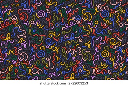 Patrón sin fisuras con coloridas líneas de garabatos para niños. Fondo de arte minimalista creativo con Formas onduladas simples, garabatos juguetones. Patrón de estilo dibujado a mano infantil para el diseño de los niños, tela, decoración.
