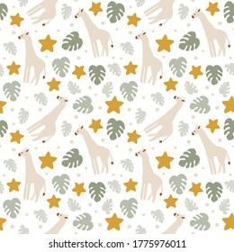 Seamless pattern of colorful kids toys, room decor in brown, beige and pastel colors. Vector illustration with cartoon doodle kids elements for nursery room decor, children design, baby shower invite.