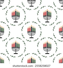 A seamless pattern with colorful kinara. Happy Kwanzaa celebration banner. Poster, background, wallpaper, wrapping paper, textile, template.