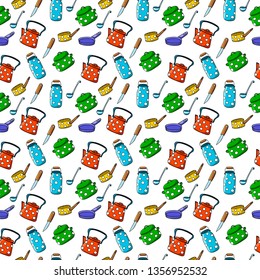 Seamless pattern with colorful kitchen utensils, cookware, tools for food processing, on white background. Vector illustration for wallpaper, textile print, backdrop. 