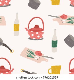 Seamless pattern with colorful kitchen utensils, cookware, tools for food processing, meals preparation or home cooking on white background. Vector illustration for wallpaper, textile print, backdrop.