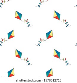 Seamless pattern with colorful kite, blue, green, red, yellow. Vector version. Print for textile, package, wallpaper, wrapping paper, web.