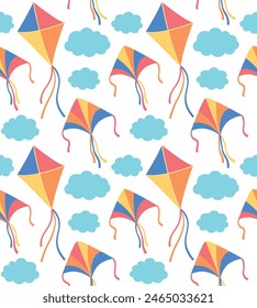 Patrón sin fisuras con cometas y nubes de colores. Fondo de Vector en estilo plano