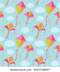Nahtloses Muster mit bunten Drachen und Wolken am Himmel. Vektorgrafik Sommerhintergrund im flachen Stil	