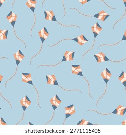 Seamless pattern with colorful kites and long tails, minimalist flat vector illustration of flying toys on repeating white background, playful sky texture.