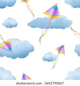 Seamless pattern with colorful kites on blue clouds background.Vector watercolor illustration for children's design.