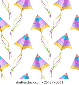 Seamless pattern with colorful kites.Vector watercolor illustration background for children's design.