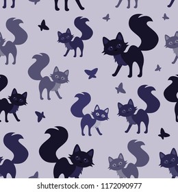 Seamless pattern with colorful kitten on a blue background