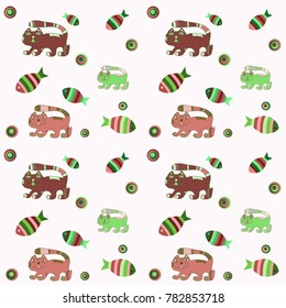 The seamless pattern "colorful kittens and striped fishes on a transparent background"