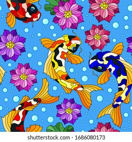 Seamless pattern with colorful koi carp fishes, Lotus flowers and bubbles on blue background