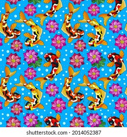 Seamless pattern with colorful koi carp fishes, Lotus flowers and bubbles on a blue background
