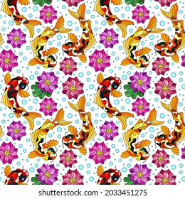 Seamless pattern with colorful koi carp fishes, Lotus flowers and bubbles on a white background