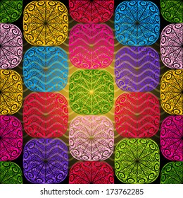 Seamless pattern of colorful lacy squares with cross wavy translucent stripes (vector eps 10)
