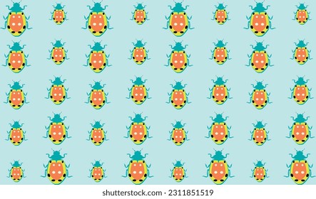 Seamless pattern with colorful ladybugs on a blue background.