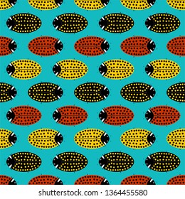 Seamless pattern with colorful ladybugs. Three varieties of ladybugs in a row. Cute lady bugs. Winged insects. Macro insect wing. Texture of insects on a blue background. Flat vector illustration.
