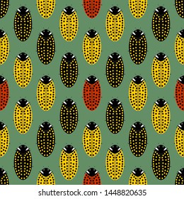 Seamless pattern with colorful ladybugs. Three varieties of ladybugs diagonally. Cute lady bugs. Winged insects. Macro insect wing. Texture of insects on a green background. Flat vector illustration.