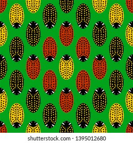 Seamless pattern with colorful ladybugs.Three varieties of ladybugs in rhombus orders. Cute lady bugs. Winged insects. Texture of insects on a green background. Flat vector illustration