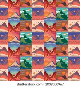 Seamless pattern from colorful landscapes. Vector illustration. Doodle style illustration. Poster for interior decor. Printing for printing on textiles and printing.