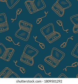Patrón sin inconvenientes de diseño colorido de línea de portátiles, educación a distancia, electrónica, tecnología, TI, adorno para textiles, libro de recortes, embalaje, papel de envoltura, afiche, azulejos, sitio web