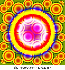 Seamless pattern with colorful large circle surrounded by many circles intersect. Vector Background