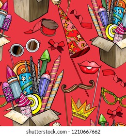 Seamless pattern with Colorful large Firework in cardboard box and party accessories