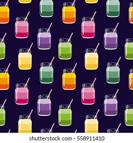 Seamless pattern with colorful layered smoothies in mason jars with striped straws. Fresh healthy fruit and berry drinks.Vector seamless pattern for backgrounds, packaging, textile and other designs.