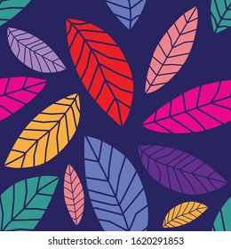 seamless pattern colorful leaf with dark blue background