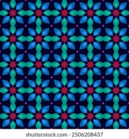 Seamless pattern with colorful leaf shapes arranged symmetrically and repeating on a dark blue background. Suitable for graphic design, interior decoration, textile, fashion, print, wrapping, etc.