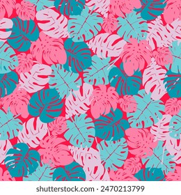 Seamless pattern of colorful leave on a red background. Presented through the close positioning of leave together as one wall. This format is suitable for printing on fabric, textile and paper product