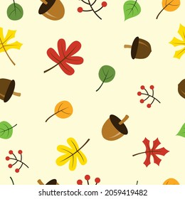 Seamless Pattern of Colorful Leaves, Acorn Nut and Cherry for the Autumn Season.