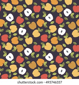 Seamless pattern with colorful leaves and apples isolated on purple background. Perfect for surface textures, textile, kids cloth, web page backgrounds and more creative designs. 