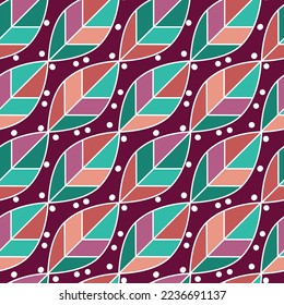 seamless pattern with colorful leaves arranged diagonally. Retro style pattern