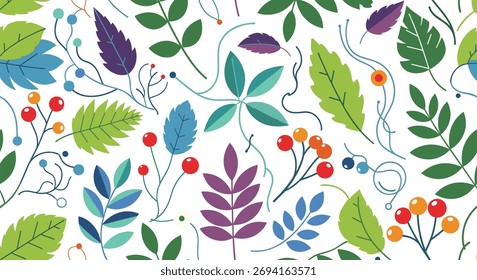 Seamless pattern of colorful leaves and berries on a white background.