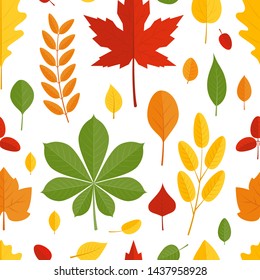 Seamless pattern with colorful leaves in flat style. Vector illustration on white background