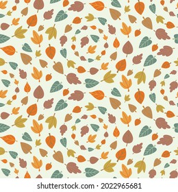 Patrón sin foco con círculos de hojas coloridas. Diseño de fondo de bosque de bosque de otoño. Hojas de otoño con un estilo sencillo en forma redonda. Vector brillante fondo.