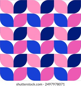 Seamless pattern with colorful leaves isolated on white.Bauhaus geometric repeat pattern in blue and pink.Vector graphic illustration.