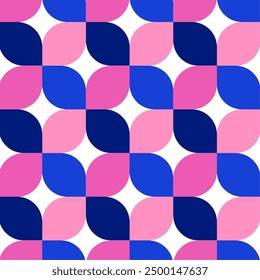 Seamless pattern with colorful leaves isolated on white.Bauhaus geometric repeat pattern in blue and pink.Vector graphic illustration.