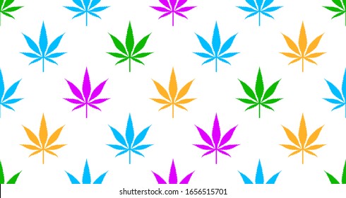 Seamless pattern with colorful leaves of marijuana, white background with cannabis. Vector illustration