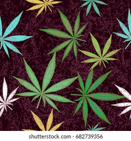 Seamless pattern with colorful leaves of marijuana. Vector illustration